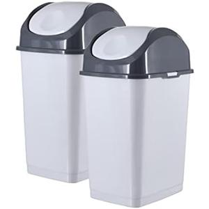 Superio Small 2.5 Gallon Plastic Trash Can with Swing Top Lid, Compact Slim Waste Bin for Under Desk, Office, Bedroom, Bathroom, Dorm Room, 10 Qt. Portable Garbage Can (SmokeWhite/Grey, 2 Pack)