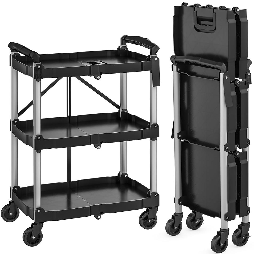 YITAHOME 240LBS Folding Utility Cart with Wheels, 3 Tier Foldable Service Cart Collapsible Rolling Cart with 360 Swivel Wheels (2 with Brakes), Portable Tool Cart for Home Garage Restaurant Office