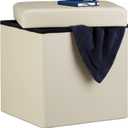 Relaxdays Folding Ottoman 38 x 38 x 38 cm Sturdy Storage Chair Pouffe and Footstool, Faux Leather Box, Removable Lid, Cream