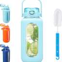 64 oz Glass Water Bottle with 2-in-1 Straw Lid Large Half Gallon Water Bottle with Time Marker & Removable Silicone Sleeve,Wide Mouth BPA-Free Borosilicate Bottle for Gym, Workout & Daily Use