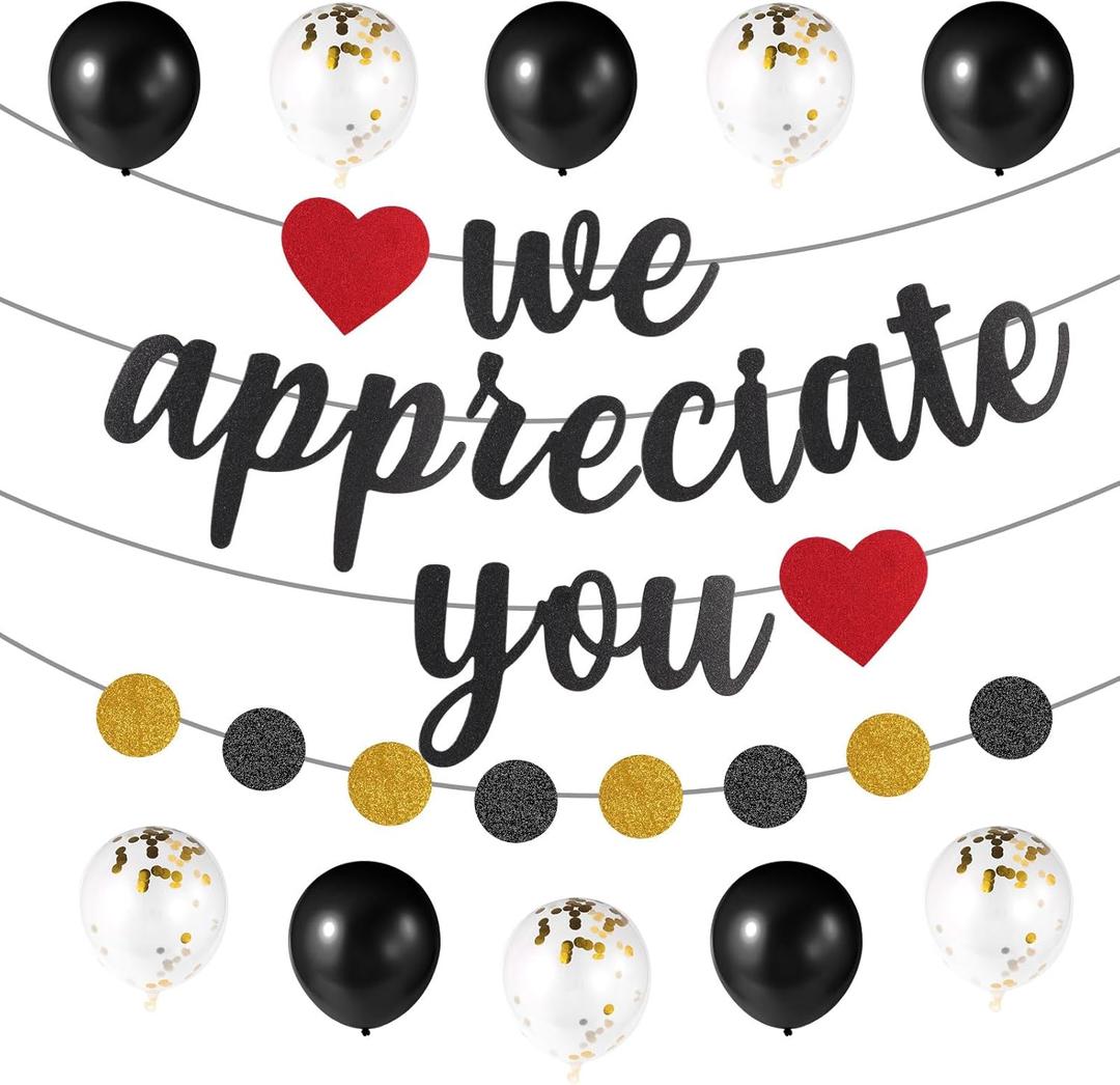 2 x We Appreciate You Banner Decoration Set, Staff Employee Recognition Banner with Black and Gold Balloons for Employee Teacher Doctor Nurse Appreciation Party Thank Decoration Supplies
