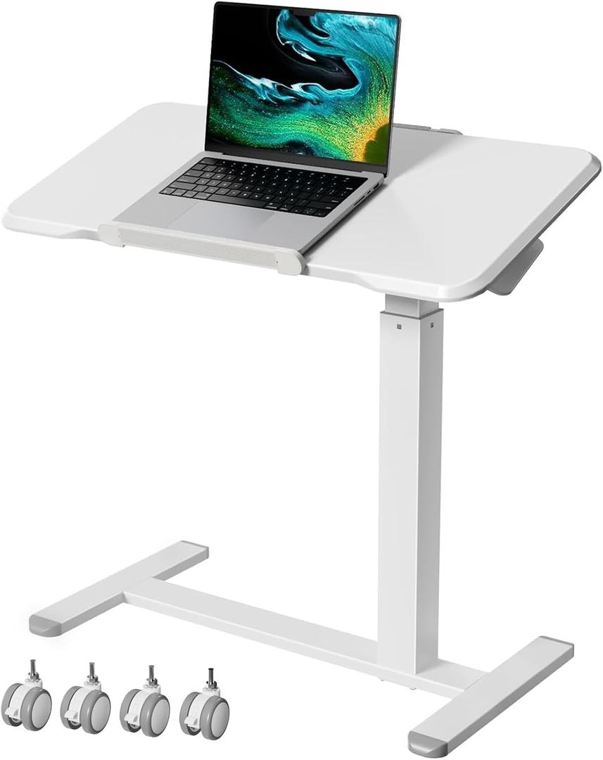 Gibbon Mounts Rolling Laptop Desk, 180 Tiltable Mobile Standing Desk Height Adjustable, Overbed Bedside Table, 32inch Portable Computer Desk with Lockable Wheels, Foldable Cart for Home Office, White, 15.7D x 31.5W x 27.2H inches