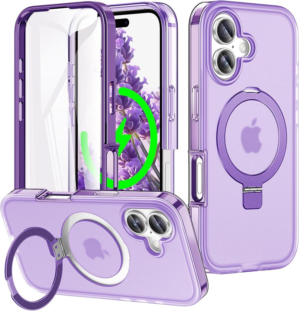 for iPhone 17 Full Body Shockproof Case with Magnetic Invisible Stand [Compatible with MagSafe] Built-in Screen Protector Military Drop ProtectionTranslucent iPhone Cover -Purple
