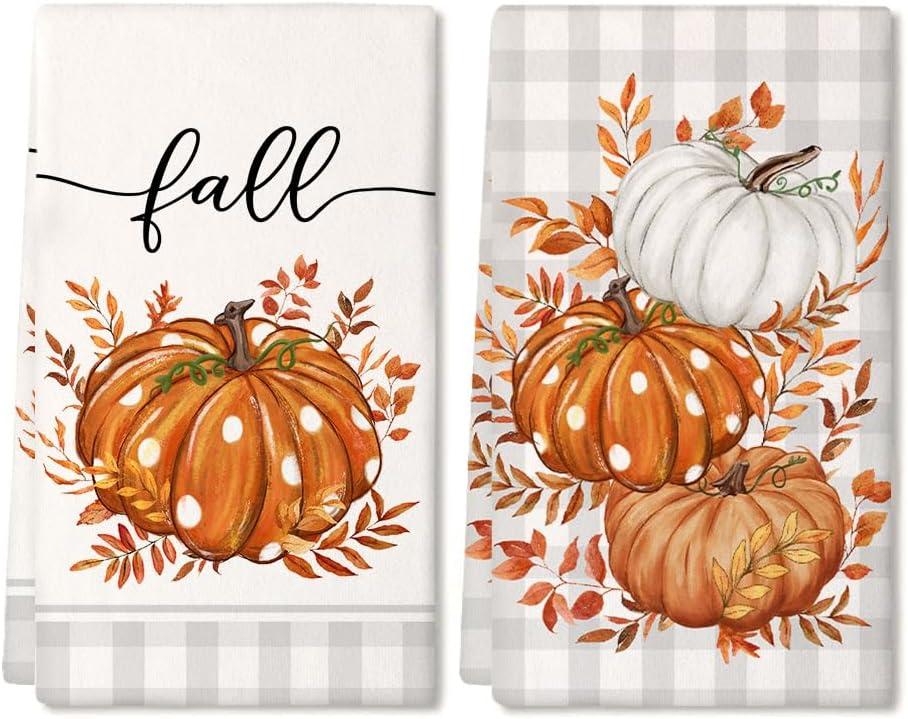 ARKENY Fall Kitchen Towels Set of 2,Orange Pumpkin Grey Buffalo Check Autumn Dish Towels 18x26 Inch Drying Dishcloth,Farmhouse Home Decoration AD118