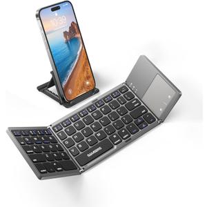 Samsers Foldable Bluetooth Keyboard with Touchpad, Portable Wireless Keyboard with Stand Holder, Rechargeable Full Size Ultra Slim Pocket Folding Keyboards for Android Windows iOS Tablet & Laptop (1-Device, Grey)