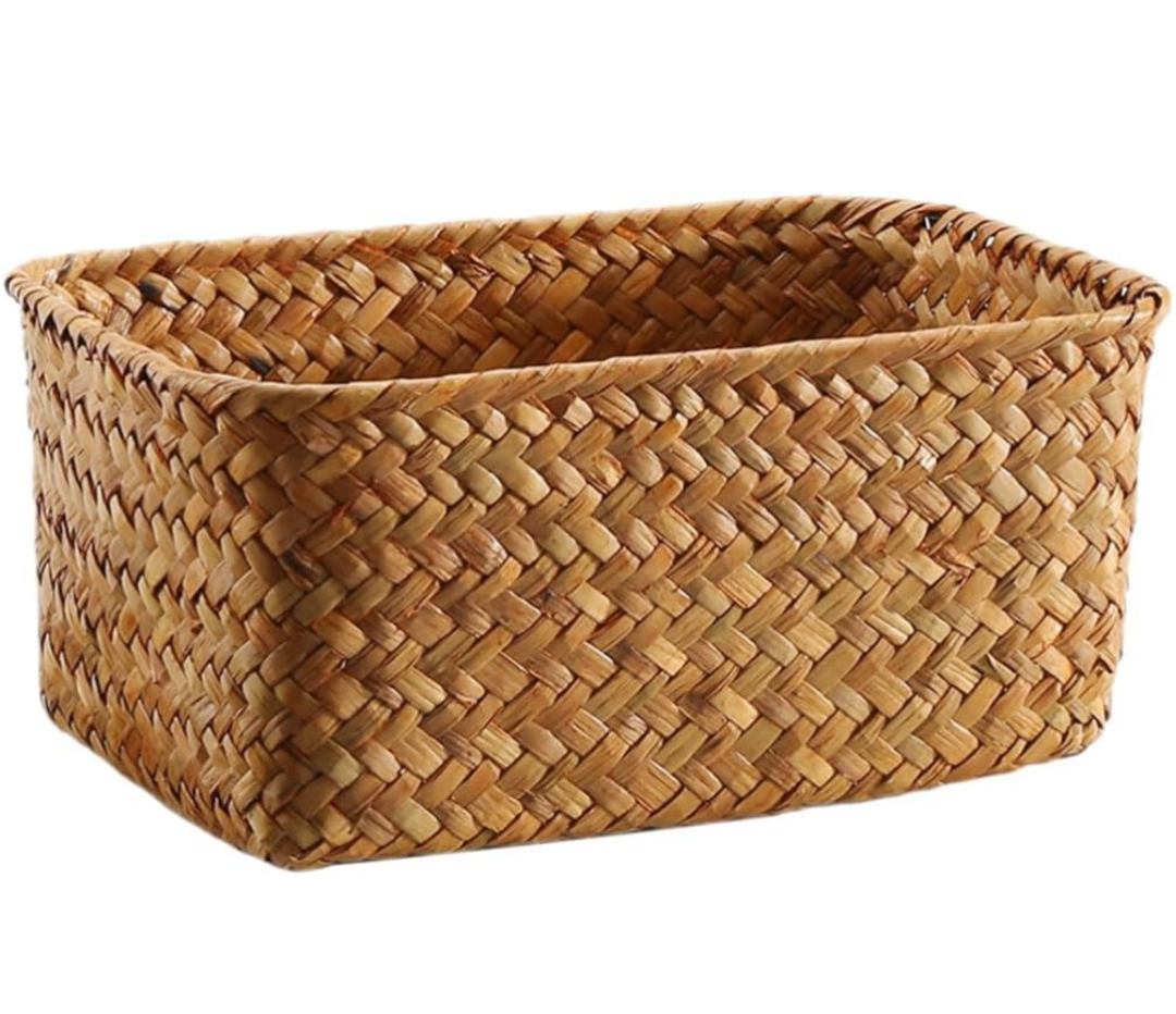 Home Decor Seagrass Storage Baskets Rectangular Wicker Storage Basket Snack Storage Bins Woven Basket Bins Rattan Storage Organizer for Shelf Storage Bins
 15x9 inch