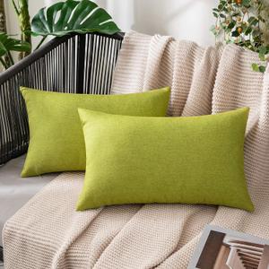 MIULEE Pack of 2 Decorative Outdoor Solid Waterproof Throw Pillow Covers Faux Linen Garden Farmhouse Cushion Cases for Summer Patio Tent Balcony Couch Sofa 20x12 Inch Green