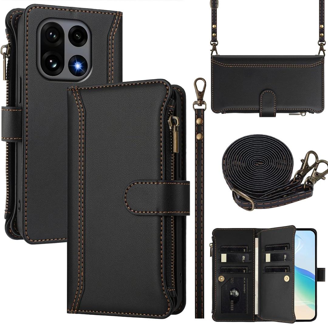 Wallet Case for Oneplus 15, with 1 Long Shoulder Strap, 1 Short Wrist Strap, 9 Card Slots, 1 Cash Pocket, Wireless Charging, Magnetic Closure, Kickstand (Black)