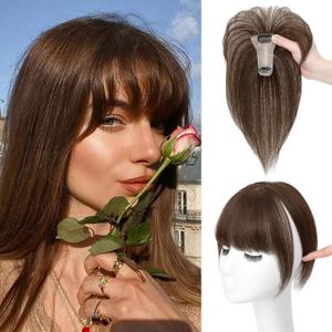 Hair Toppers for Women with Bangs 100% Human Hair 3603D Cover Fake Bangs Hair Topper with Thinning Newly Upgraded Realistic Scalp with Hairpieces for Daily Wear(Medium Brown) (Bangs-9 Inch)