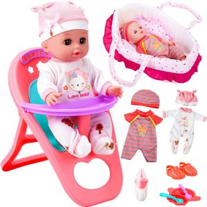 CUTE STONE 12" Baby Doll Playset for Girls Pretend Play Baby Care Toy with Carrier Bassinet, High Chair, Clothes & Accessories