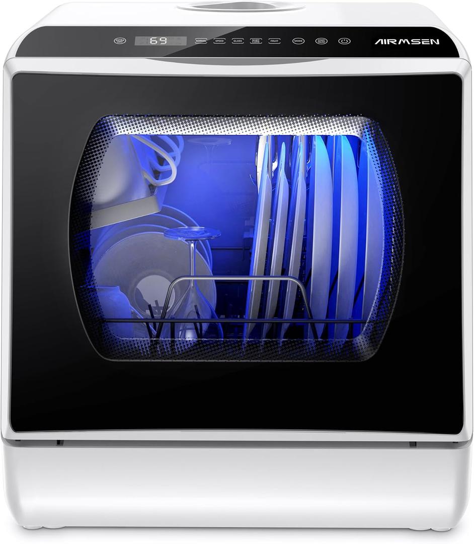 AIRMSEN Portable Countertop Dishwashers, 5 Washing Programs Mini Dishwashers with 1.2 Gal Built-in Water Tank and Double-layered Glass Door, No Hookup Needed for Home, Apartments & RVs