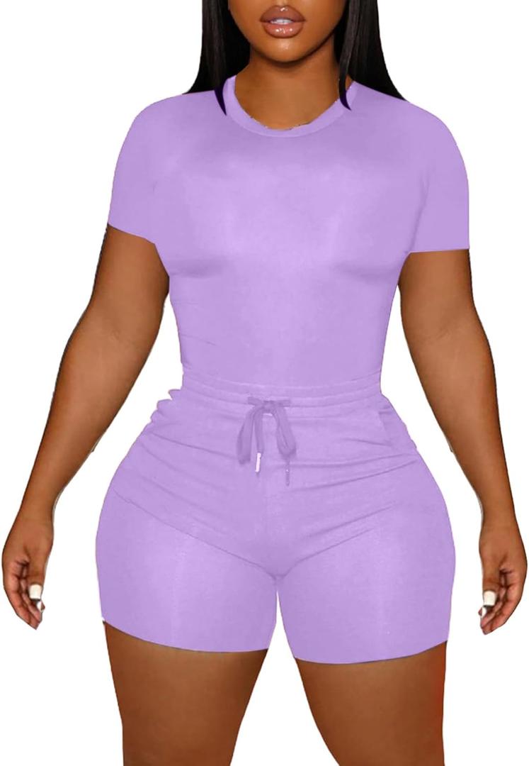 LovelyWholesale Women's Summer 2 Piece Outfits Skinny Shorts Tracksuit Sets (X-Large, Purple)