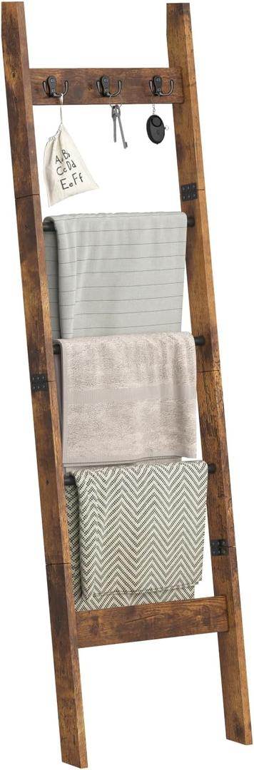 5ft Blanket Ladder for Living Room, 5-Tier Decorative Quilt Rack with 3 Removable Hooks, Farmhouse Throw Blanket Holder Shelf for Bedroom, Rustic Brown and Black