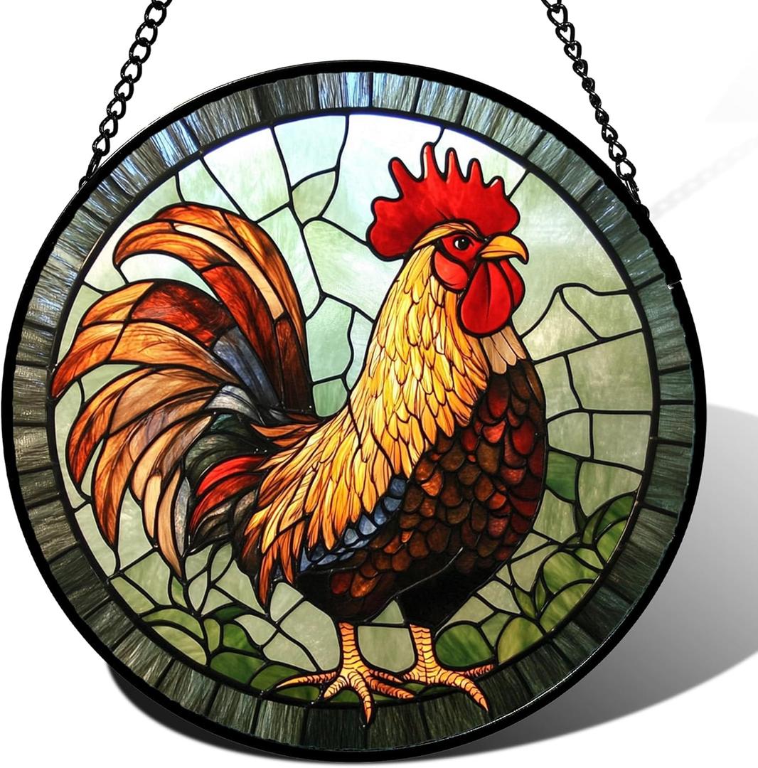 Stained Glass Window Hanging - Rooster Suncatcher for Doors Garden Patio Retro Colored Chicken Sun Catchers Decor Christmas Mother's Day Birthday Gifts for Women Men Mom Nana Friend 6.3 in