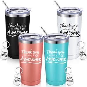 Sieral 4 Pieces Thank You for Being Awesome Tumbler, Thank You Supplies for Women Men 20oz Insulated Stainless Steel Travel Tumbler with Lid and Straw Appreciation Gift with Keychain (Classic Color)