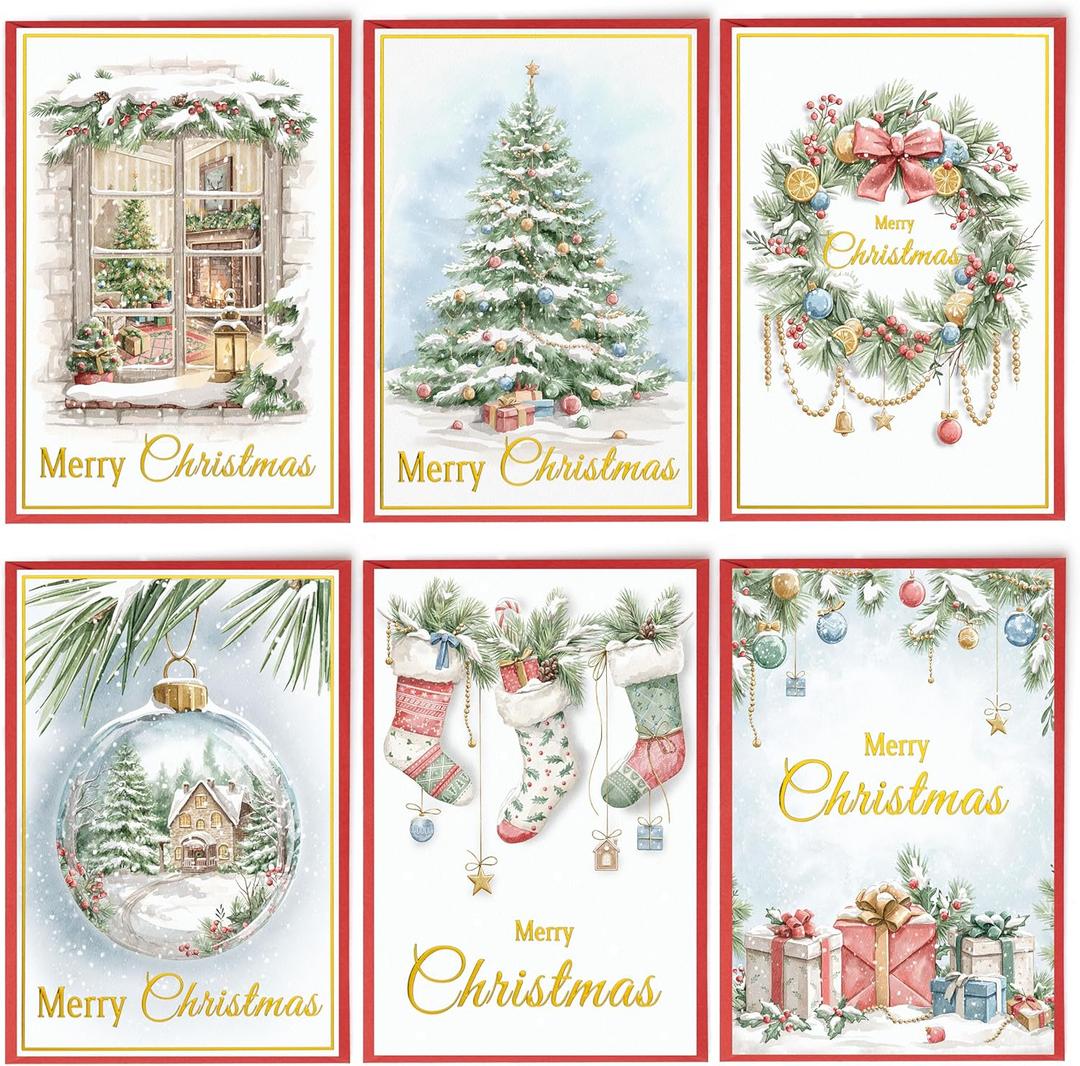 24 Christmas Cards Assortment, Festive Gold Foil Glitter Watercolor Bulk Xmas Cards with Envelopes & Messages - 6 Patterns, 4 3/4" x 7" for Friends, Family, Kids, Boys & Girls (multi)