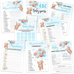Sinasasspel 302pcs Teddy Bear Baby Shower Game Set Pack of 6 Activities for 50 Guests Includes Baby Shower Bingo, Baby ABC, Baby Word Scramble and More, Each 5x7 Inches (Blue)