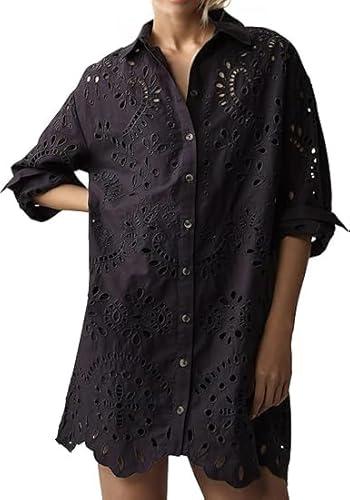 AIHUKOCY Women Hollow Out Eyelet Button Down Lapel V Neck Long Sleeve Ruffle Flowy Solid Oversized Loose Mini Shirt Dress small