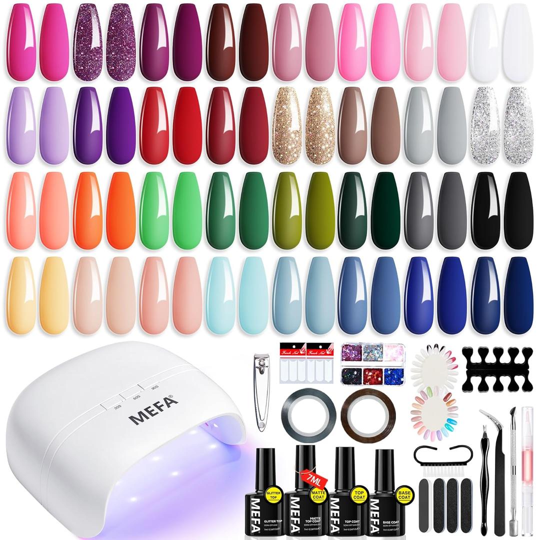 MEFA 54 Pcs Gel Nail Polish Kit with U V Light, 32 Colors Popular Soak Off Nude Pink Red Gel Polish Nail Set with Matte/Glossy Gel Top Base Coat Manicure Tools Nail Art Decorations DIY Salon Home Gift (2-Colors Ultimate Nail Art Set)
