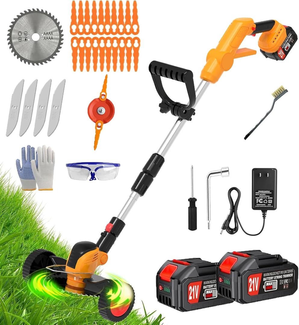 Electric Weed Wacker Cordless Battery Powered, Weed Cordless Eater with 2X 21V/4.0Ah Battery Operated & Wheels 3 Types Blades, 3 in 1 Stringless Grass Trimmer/Edger/Brush Cutter for Garden Yard Lawn