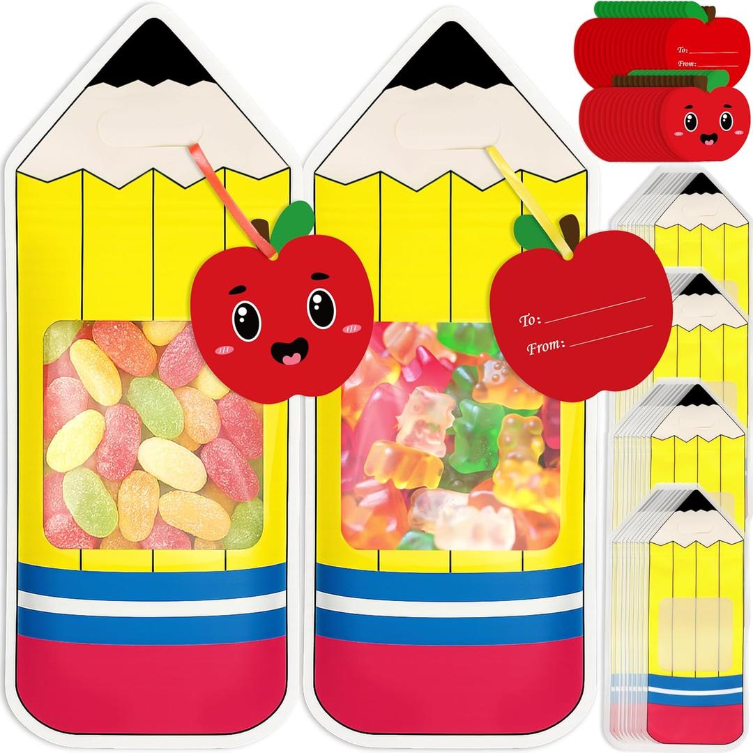 36PCS Back to School Goodie Bags Gifts Bulk: Students Teachers Party Favors, Plastic Candy Snack Pencil Treat Bag with Card, Teacher Appreciation Week, First Day of Classroom Welcome Decorations