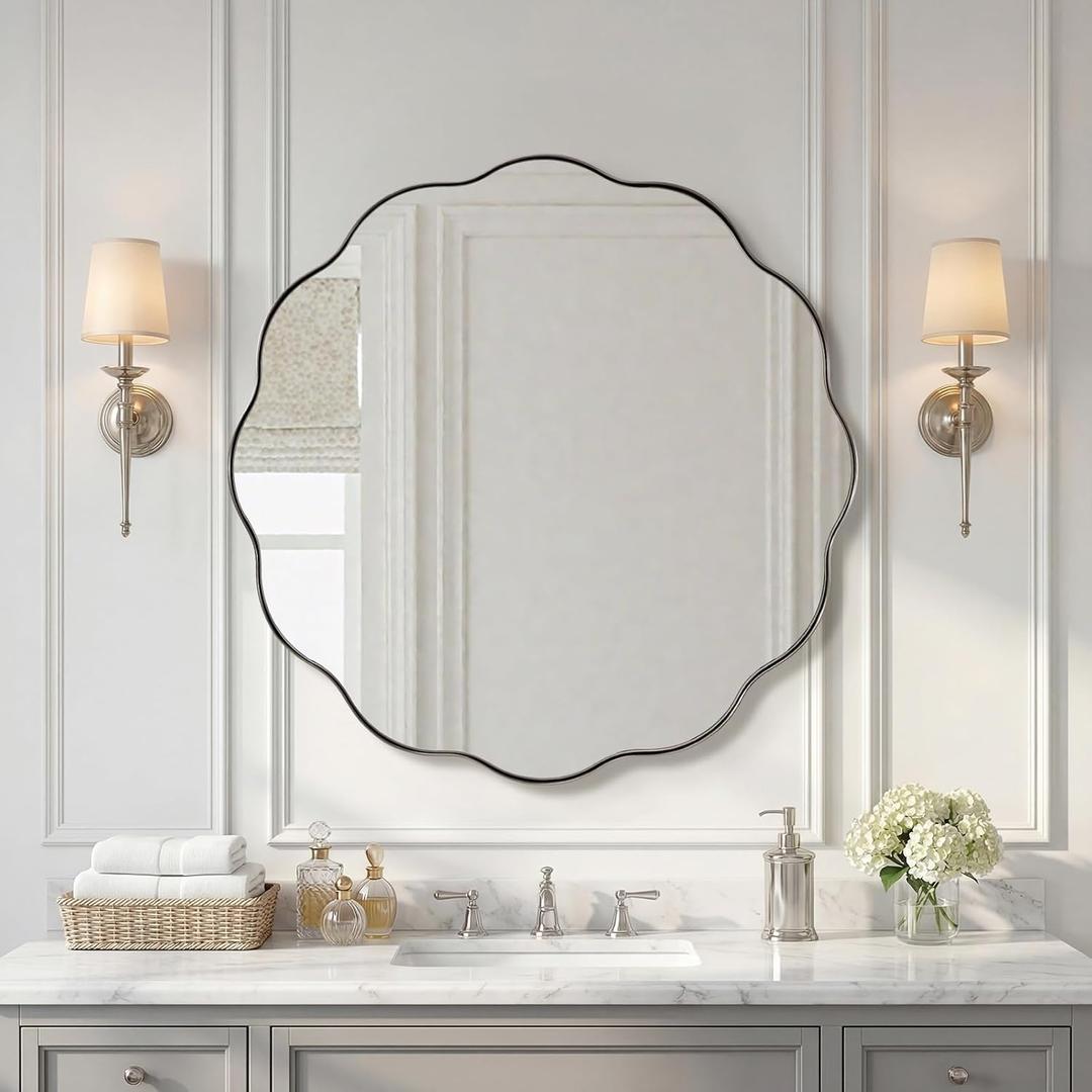 ANDY STAR Brushed Nickel Round Bathroom Mirror, 28 Inch Circle Mirror in Stainless Steel Metal Frame, Large Silver Round Vanity Mirror with Unique Wavy Design