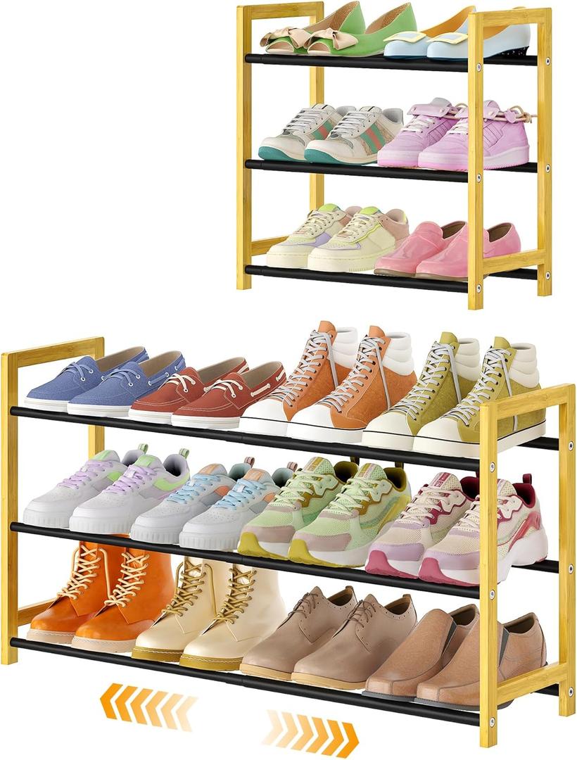 Expandable Shoe Rack for Closet,3 Tier Metal Shoes Shelf Organizer for Dorm,6-12 Pairs Small Standing Shoe Rack for Narrow Spaces,Entryway
