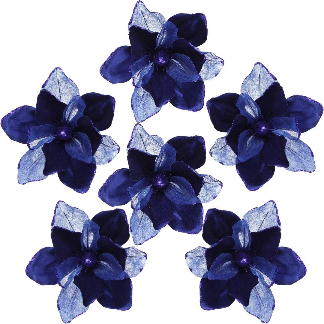 Sea Team 6-Pack Artificial Glitter Poinsettia, Magnolia Flower Sticks, Christmas Flower Ornaments, Floral Stems, Picks, Branches, Xmas Tree Decorations for Holiday, Party, Wedding, 10-inch, Blue