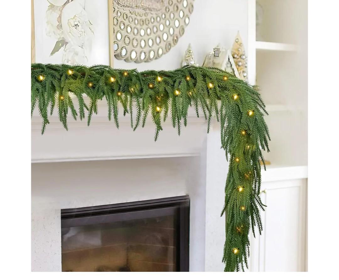 Norfolk Pine Garland with 60 Lights, 80 Pine Branches, Realistic Christmas Garland Holiday Greenery for Table Mantle Wall Christmas Decorations