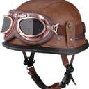 Motorcycle Half Helmet Retro German Handmade Leather Half Face Quick Release Buckle & Goggles - DOT Approved (Dark Brown, XL)