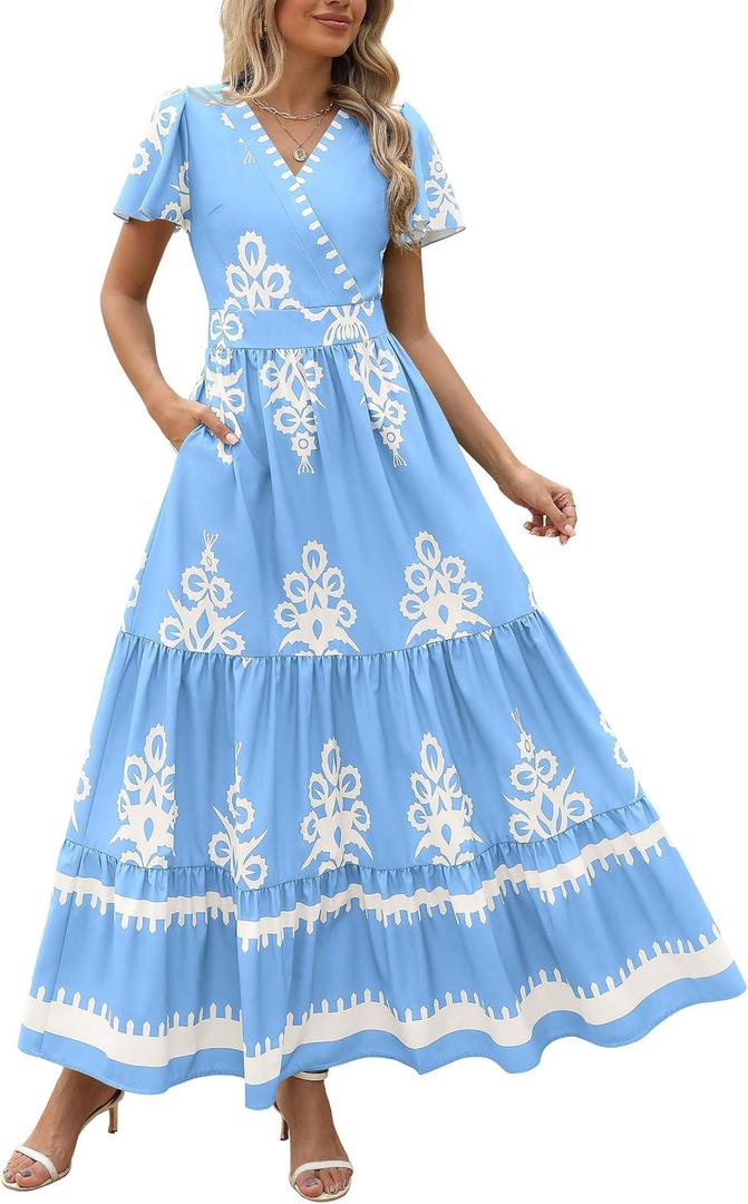 PRETTYGARDEN Womens 2026 Summer Casual V Neck Boho Maxi Dress Flowy Aline Bell Sleeve Tiered Floral Dresses with Pocket (Blue, L)