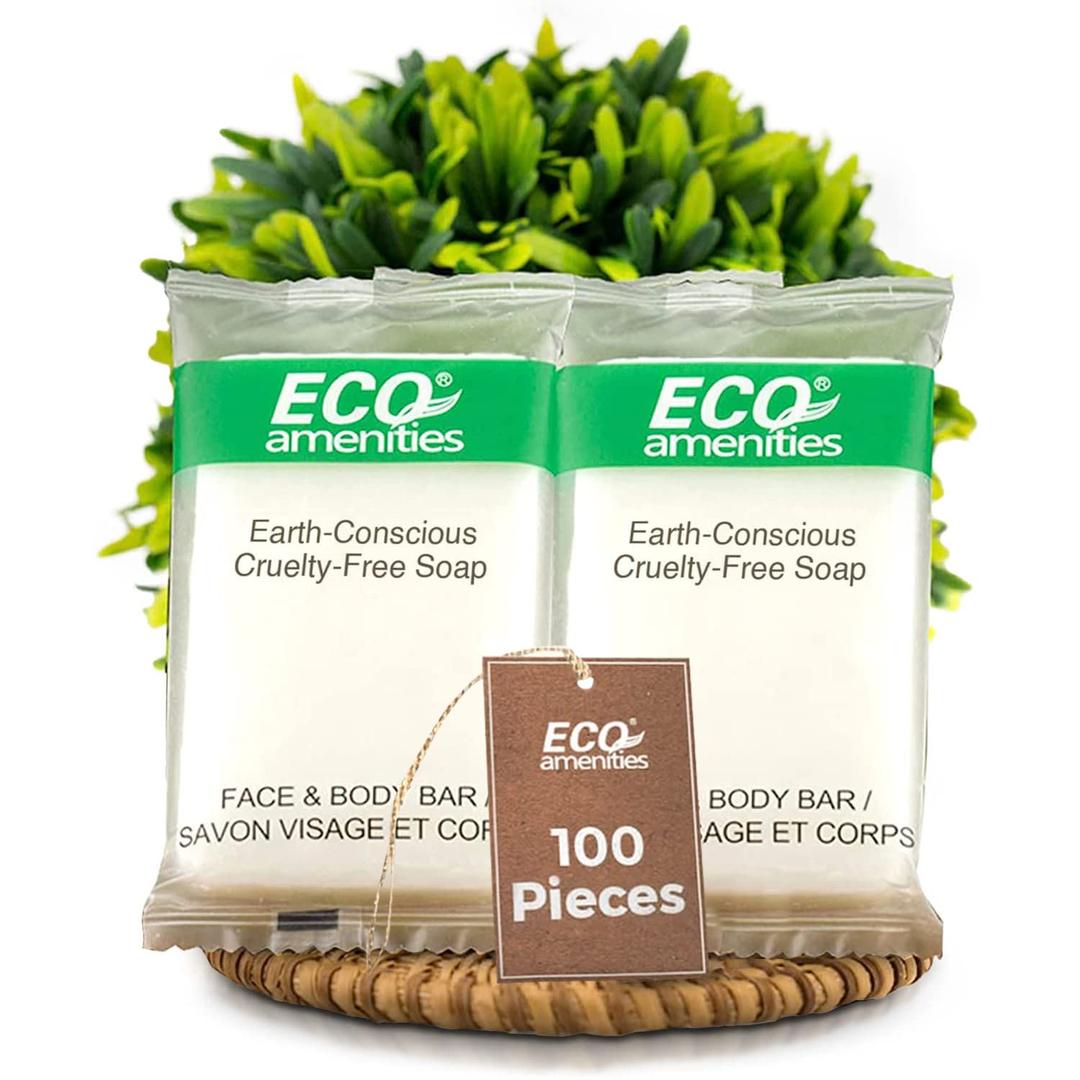ECO amenities Bar Soap Bulk - 100 Pack, 1.0 oz Travel Size Soap Bars - Individually Wrapped For Hotels - Great for Vacation Rental and Airbnb Toiletries or Hygiene Kits Supplies (100 Ounce (Pack of 1))