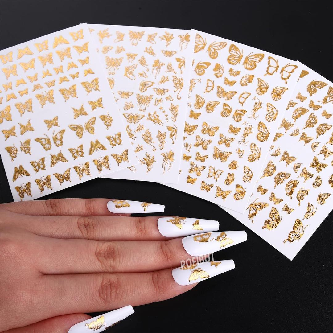 Gold Butterfly Nail Art Stickers - 4 Sheets 3D Self Adhesive Butterflies Nail Decals - Laser Gold Luxury Holographic Half Design for Women's Nails Manicure Decorations