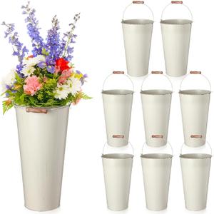 Mumufy 8 Pcs 13.8 Inch Wedding Galvanized Metal Vases for Flowers Buckets for Flowers Galvanized Metal Tin Bucket with Handle for Wedding Table Rustic Vintage Home Decor Farmhouse Flower Vases(White)