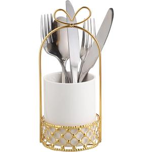JUXYES Ceramic Silverware Holder For Tabletop, White Cutlery Holder With Golden Metal Bracket, Decorative Flatware Holder Countertop Utensil Holder Organizer for Wedding Kitchen Dining Tables (Pack of 1)