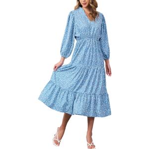 Moss Rose Womens Spring Summer Maxi Dresses V Neck 3/4 Sleeve Floral Flowy Swing Boho Long Dress (Medium, Blue)