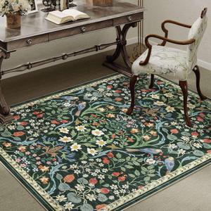 4x6 Washable Dark Green Floral Area Rug for Living Room Non-Slip Retro Rug for Playroom Soft Low Pile Stain Resistant Carpet for Bedroom Kids Dining Room Kitchen Laundry Under Table