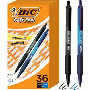 BIC Soft Feel Retractable Ballpoint Pen with 1.0 mm Medium Point and No-Slip Grip, 36-Count in Assorted Ink (Black and Blue)