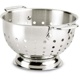 All-Clad Tools and Accessories Stainless Steel Colander 3 Quart Strainer, Pasta Strainer with Handle, Pots and Pans Silver