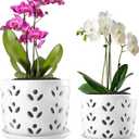 REMIAWY Orchid Pot, 2 Pack Orchid Pots with Drainage Holes and Saucer, 6 Inch and 5 Inch Large Ceramic Planter for Repotting Indoor Plants, Succulent, Decorative, Good Air Circulation, White, 6.1 Inches , 5 Inches