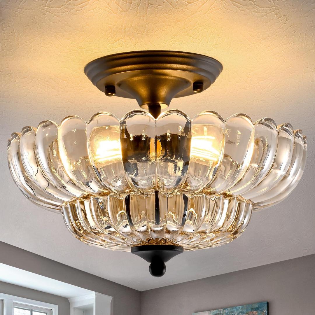 Modern Semi Flush Mount Ceiling Light, 3-Light Black Close to Ceiling Light Fixture with Cognac Glass Shade for Living Room Entryway Bedroom