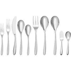 nambe 20 Piece Flatware Set, 18/10 Mirror Stainless Steel Silverware Cutlery Set, Designed for Home, Hotel, or Restaurants, Service for 8 and a 3pc Hostess Utensil Set, Dishwasher Safe (7571)