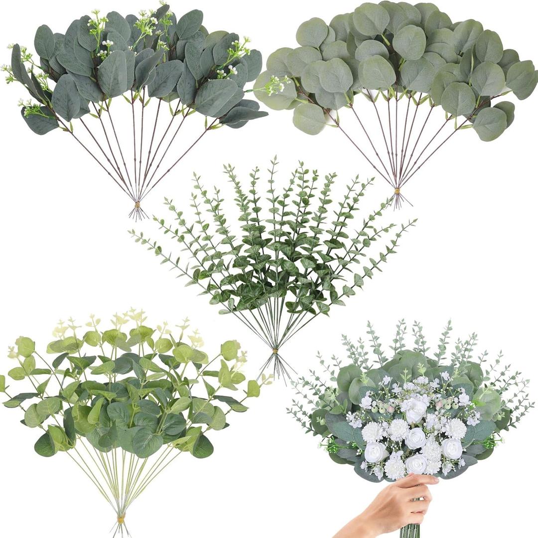 Eucalyptus Stems Bulk 60 Pcs, 4 Kinds Mixed Artificial Silver Dollar Eucalyptus Leaves Bundle Faux Greenery Branches for Wedding Vase Bouquet Floral Arrangement Centerpiece Home Decor