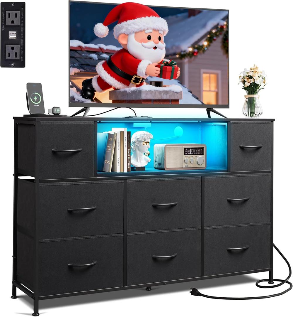 WLIVE Black Dresser TV Stand for 45, 50, 55 inch TV, Entertainment Center with LED Lights & Charging Station, Chest of Drawers with 8 Fabric Drawers and Open Shelves for Living Room, Hallway, Wood Top