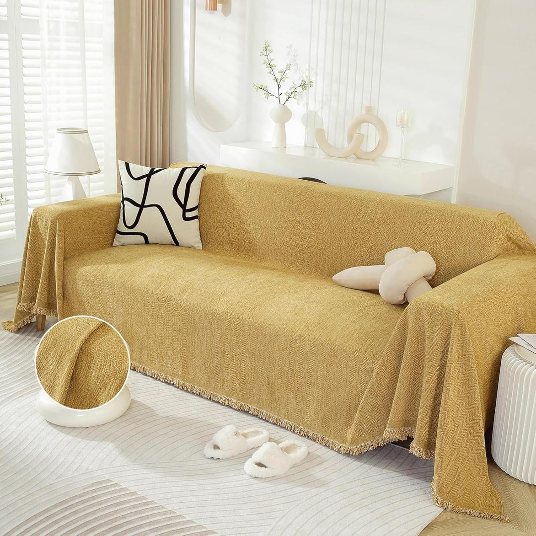 DREAMINGO Modern Minimalism Couch Cover Pets Loveseat Protector Mustard Yellow Chenille Sofa Covers for Sectional 3 Seat Couch Boho Herringbone Furniture Cover Throw Sofa Slipcover, 71"x118"