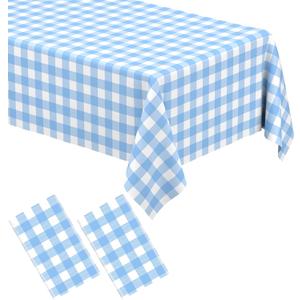 2 Pack Light Blue Gingham Tablecloth Rectangular Pale Blue and White Checkered Tablecloths Disposable Plastic Plaid Table Cover for Parties, Outdoor Picnic, Birthday, Wedding, Camping
 137x247 cm