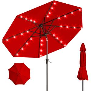 9FT Solar Umbrella 32 LED Lighted Patio Umbrella Table Market Umbrella w/Tilt and Crank Outdoor Umbrellas for Garden, Deck, Backyard, Pool and Beach, Bright Red
