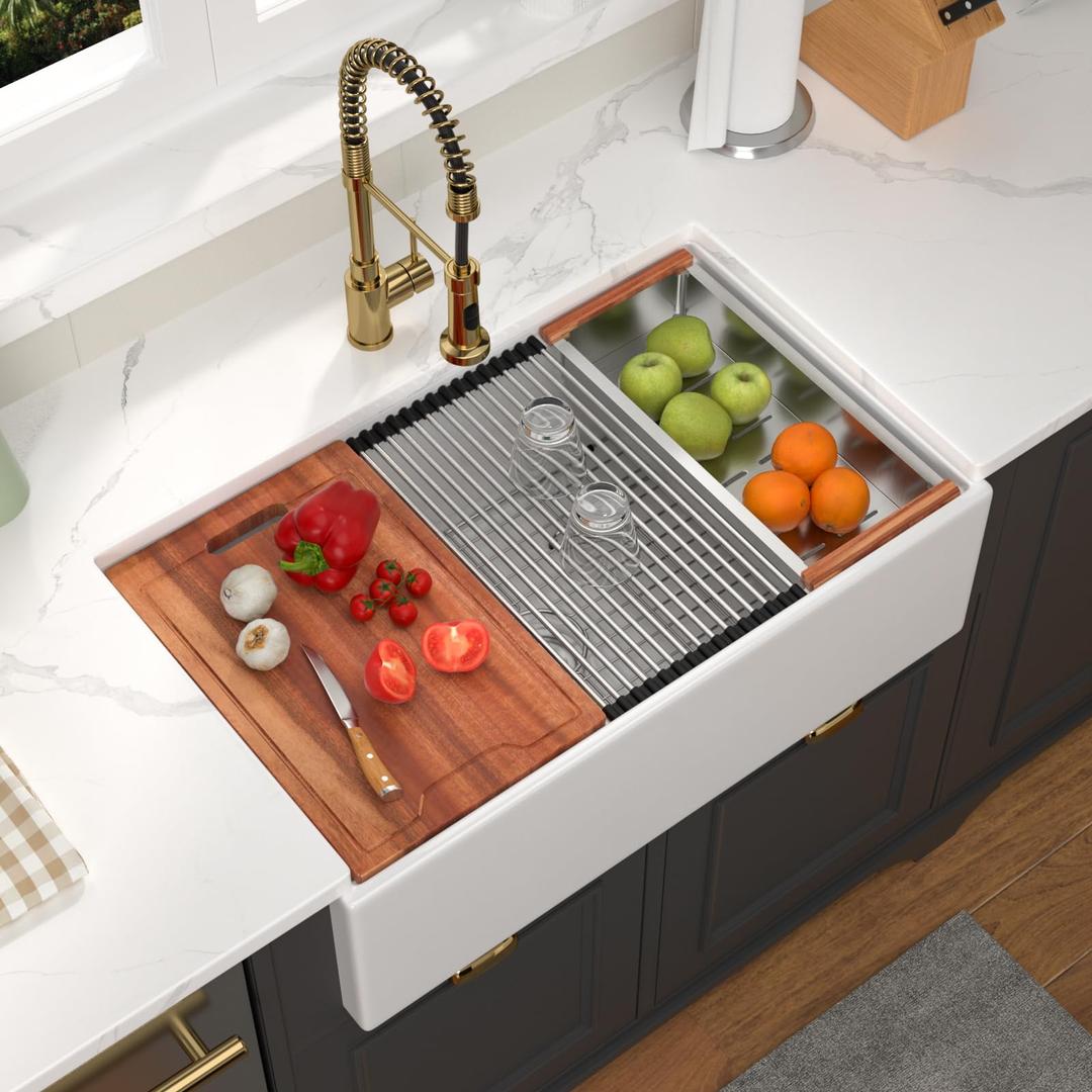 GhomeG 33 Inch White Farmhouse Kitchen Sink Workstation