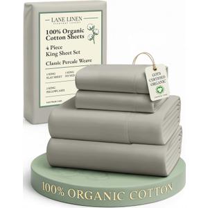 LANE LINEN 100% Organic Cotton King Sheet Set, 4Pc Cotton Sheets King Size, Soft & Comfy Percale Eco Friendly Sustainably Produced Bedding Sheets & Pillowcases, 15" Deep Pocket King Sheet Set - Silver