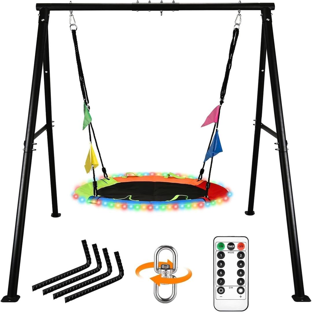 HeyZoo Swing Sets for Backyard, 40 Inch Flying Saucer Swing with 440lbs Capacity Heavy Duty A-Frame Metal Swing Stand, Play with 8 Modes 4 Colors LED Lights for Kids Adults Playground Outdoor